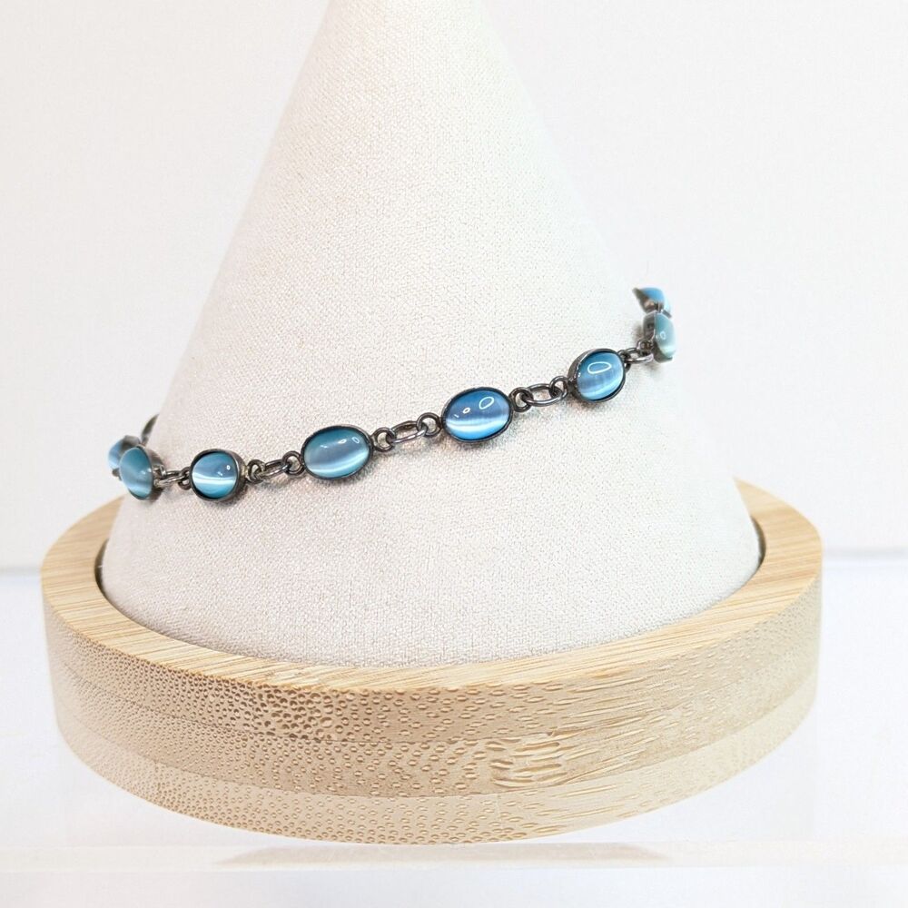 Vintage Blue Cats Eye Sterling Silver 925 Link Bracelet Oval Cabochon 7.5"